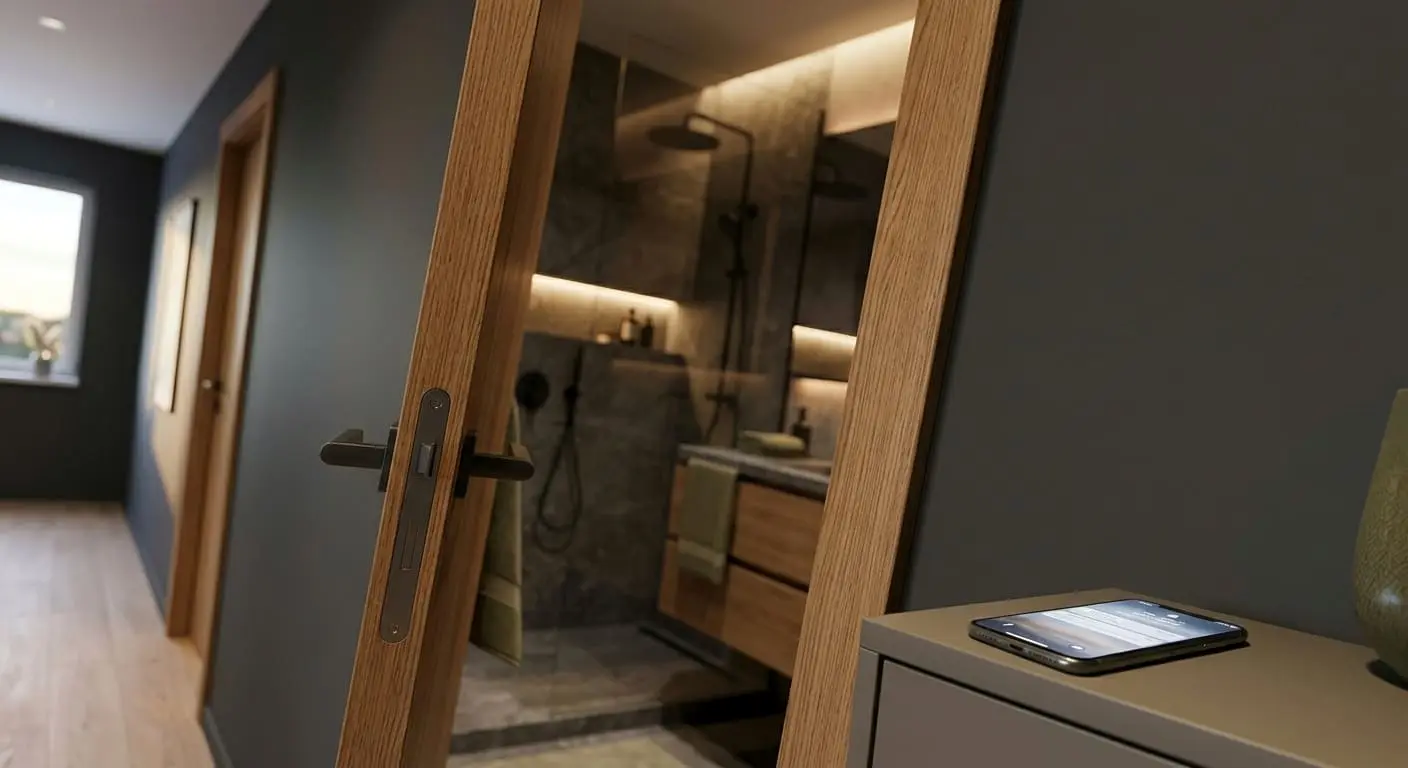 modern bathroom entrance with partially open wooden door and vanity area