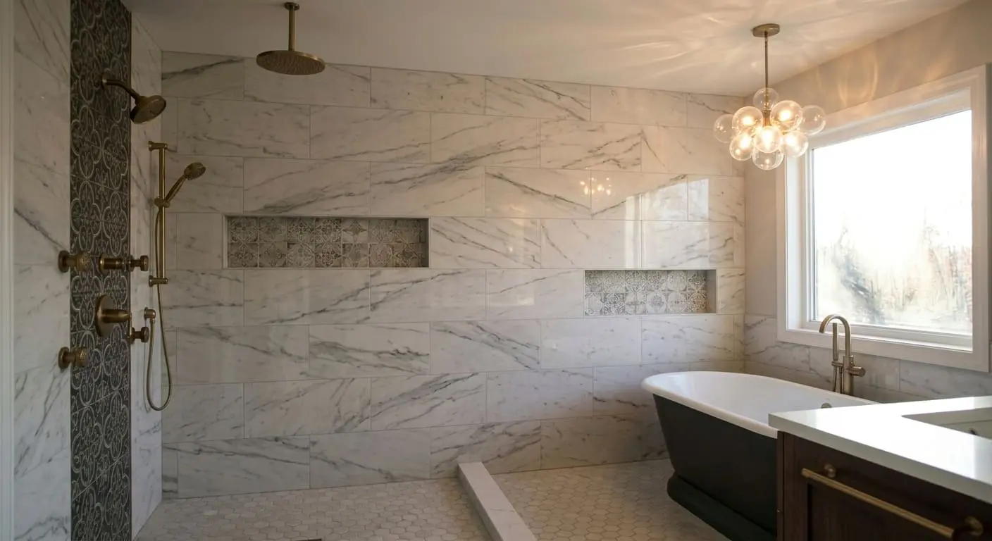 custom shower tile bathroom remodel in Bellingham WA with marble walls and freestanding bathtub