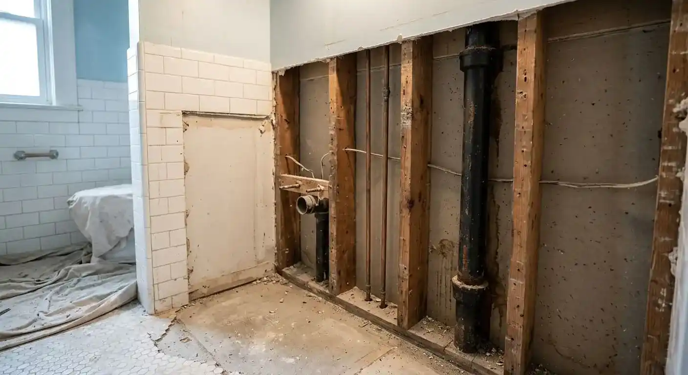 opened bathroom wall exposing plumbing and framing during residential renovation work