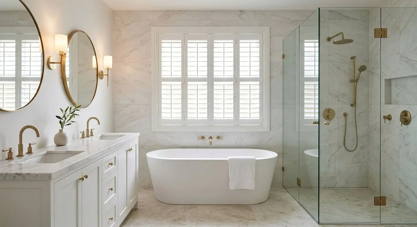 luxury bathroom remodel in Bellingham WA with marble finishes freestanding tub and glass shower