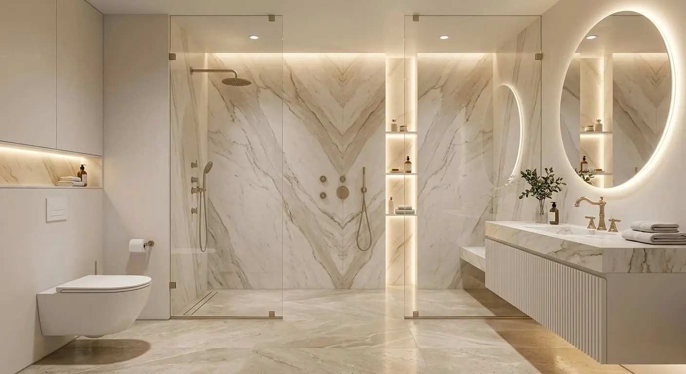 luxury marble bathroom remodel in Bellingham WA with glass shower and modern vanity lighting