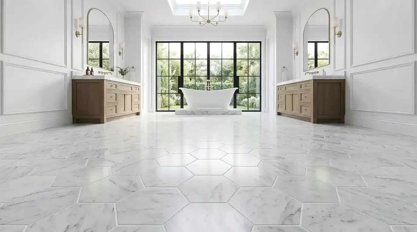 Luxury bathroom featuring white marble hexagon floor tiles and premium bathroom flooring design.