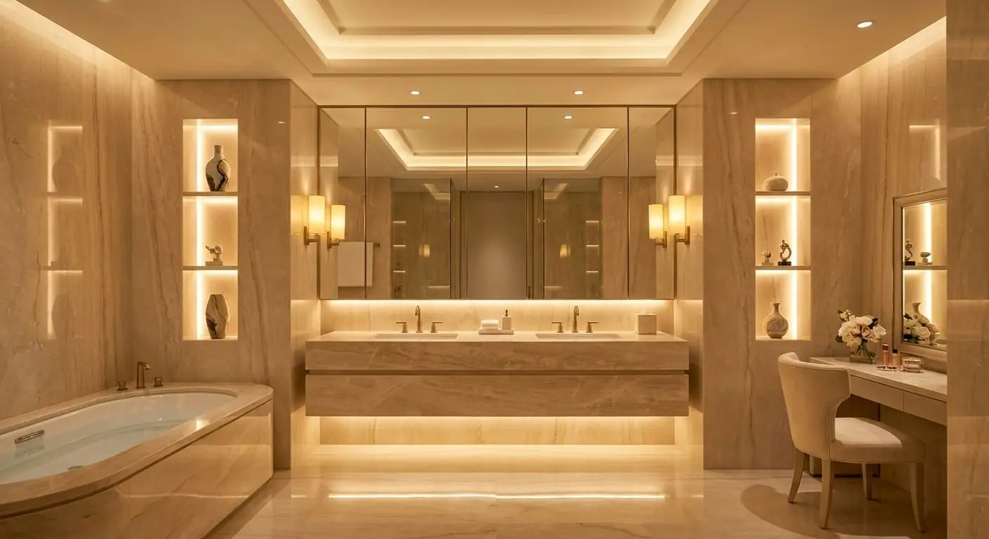 luxury spa bathroom remodels in Bellingham WA with custom vanity lighting and marble finishes