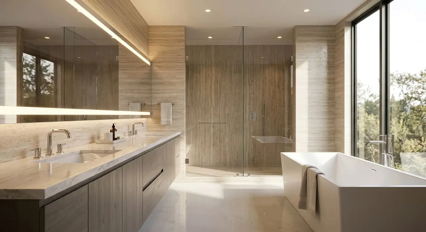modern master bathroom remodel in Bellingham WA with double vanity glass shower and freestanding tub