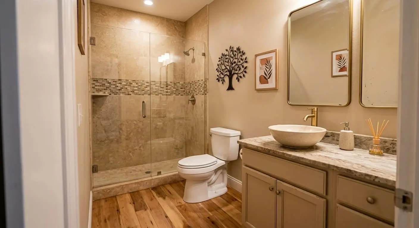 small bathroomwith walk-in glass shower and modern vanity