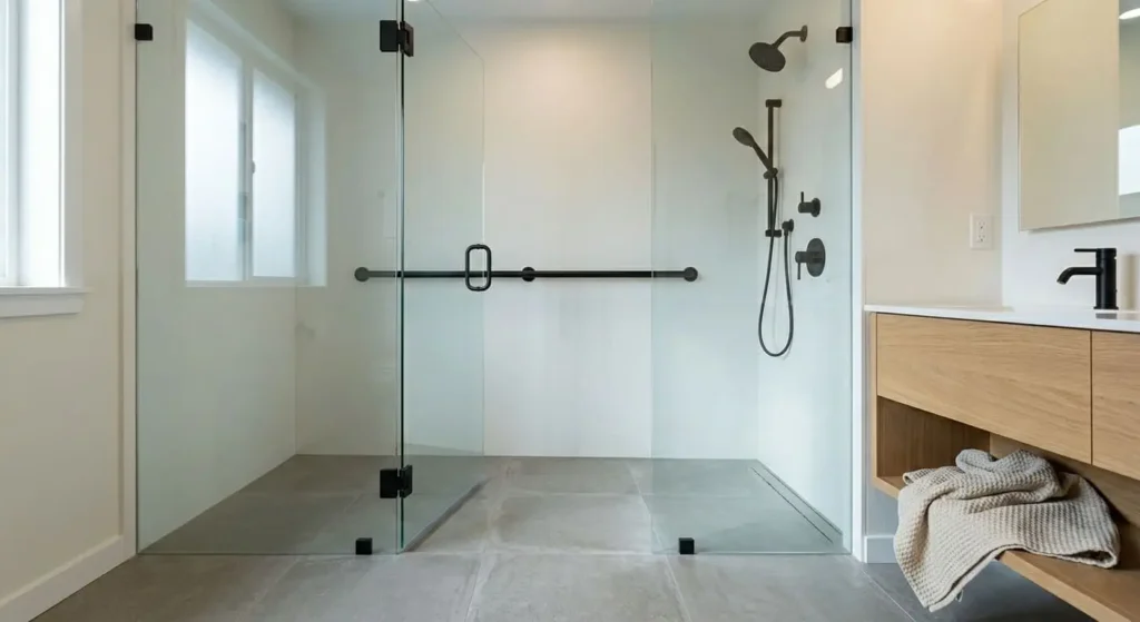 Accessible walk-in shower installation  featuring barrier-free entry, safety grab bars, frameless glass enclosure, and slip-resistant porcelain tile flooring