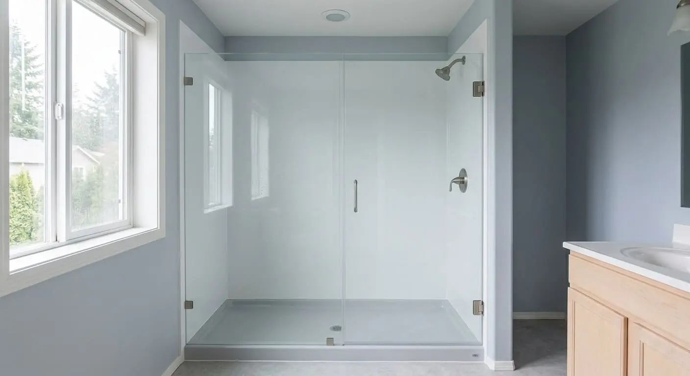 Acrylic shower wall system with smooth waterproof panels and glass shower enclosure