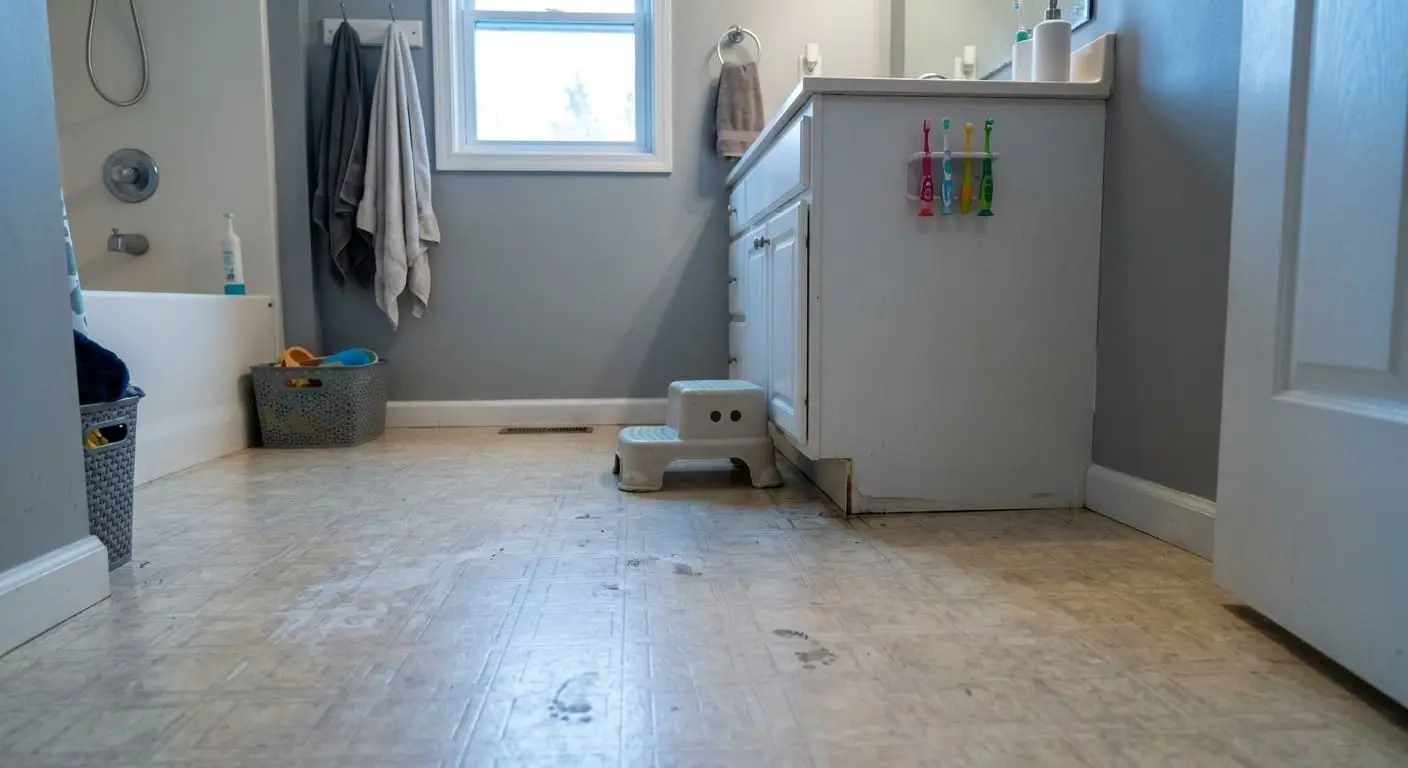 Barkley Village family bathroom before heated tile floor installation with worn vinyl flooring and everyday use items
