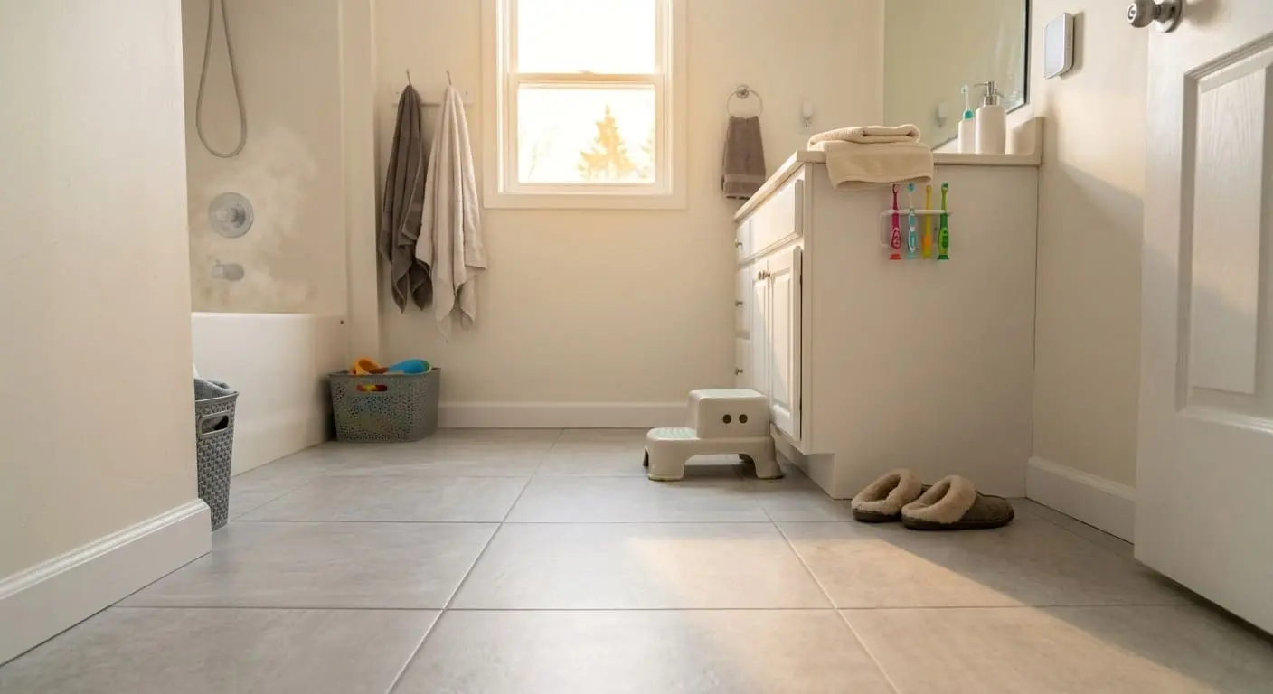 Barkley Village family bathroom after heated porcelain tile floor installation with light gray tile and updated flooring