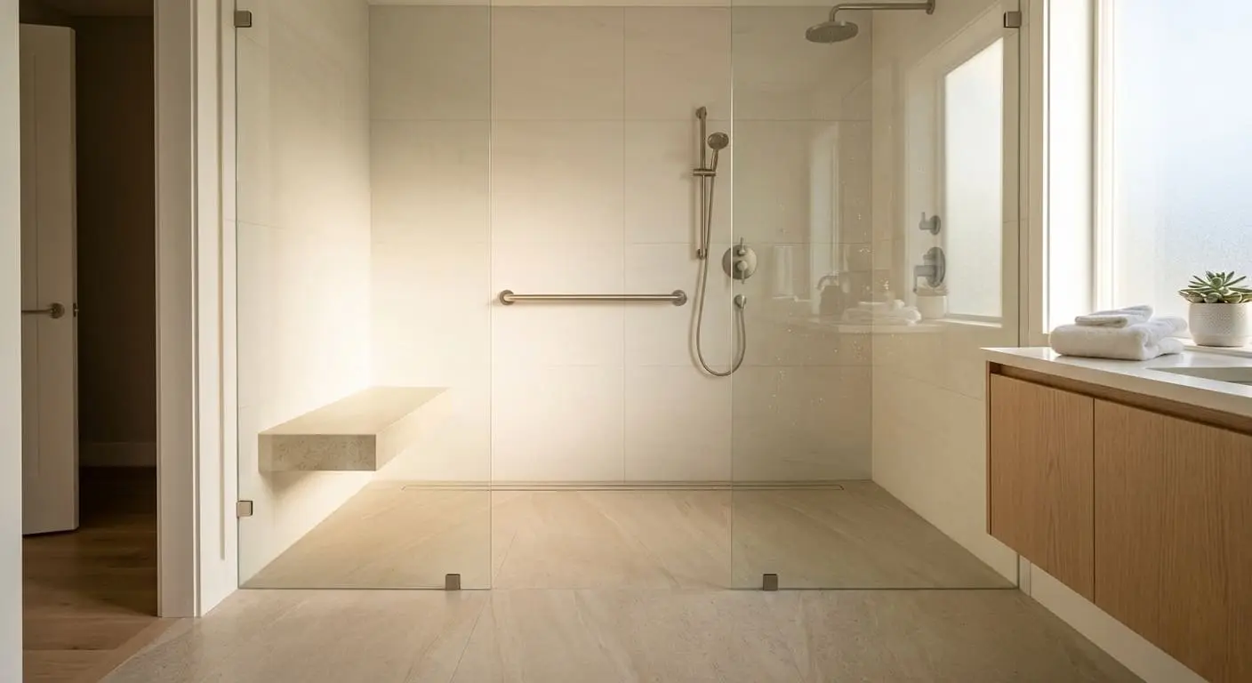 Barrier-free accessible walk-in shower installation in Bellingham WA with wheelchair-friendly entry, built-in shower bench, grab bar, and curbless shower design