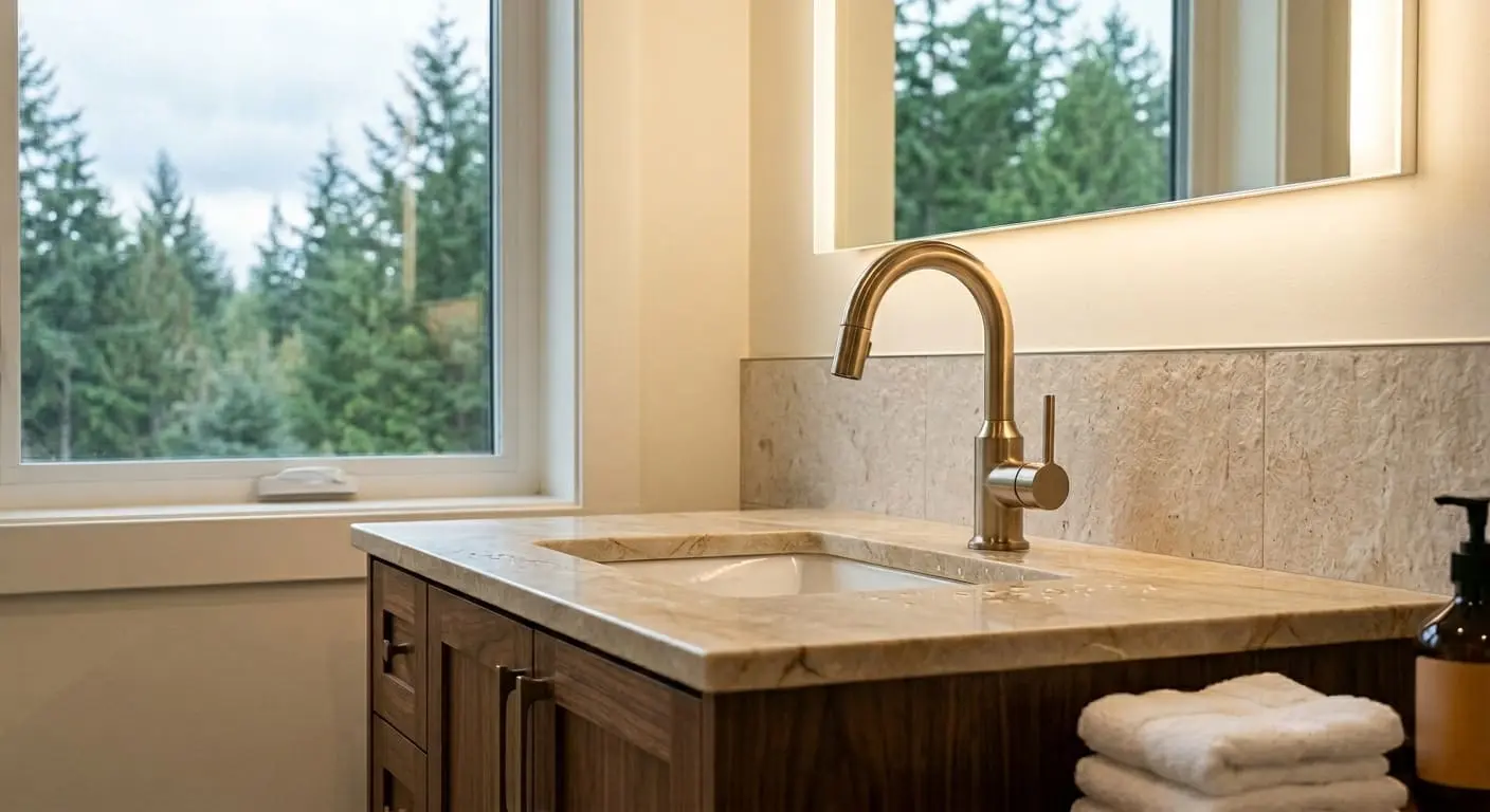 Modern bathroom faucet installation on a custom vanity sink featuring upgraded fixtures and premium countertop finishes