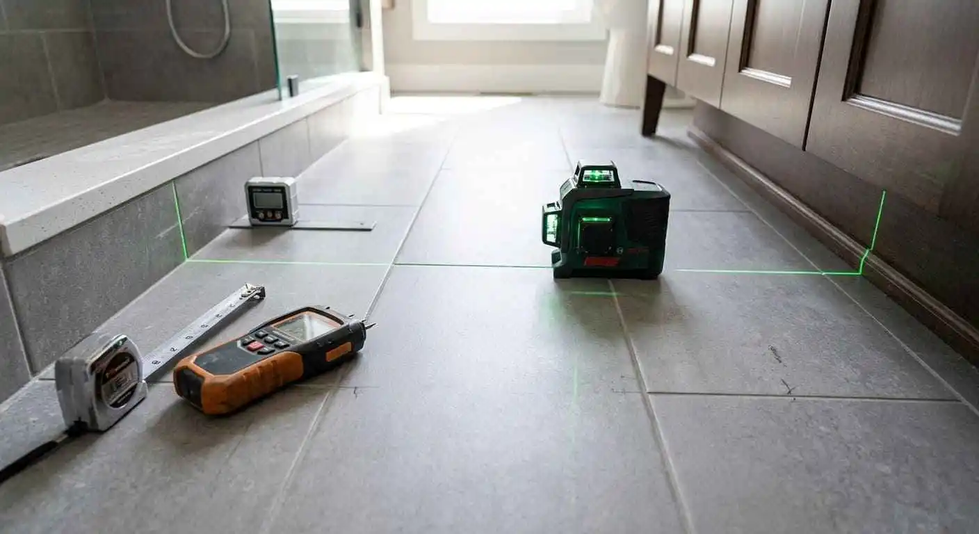 Professional bathroom flooring inspection in Bellingham WA using laser level, measuring tools, and code-compliant installation equipment to verify floor accuracy and drainage requirements