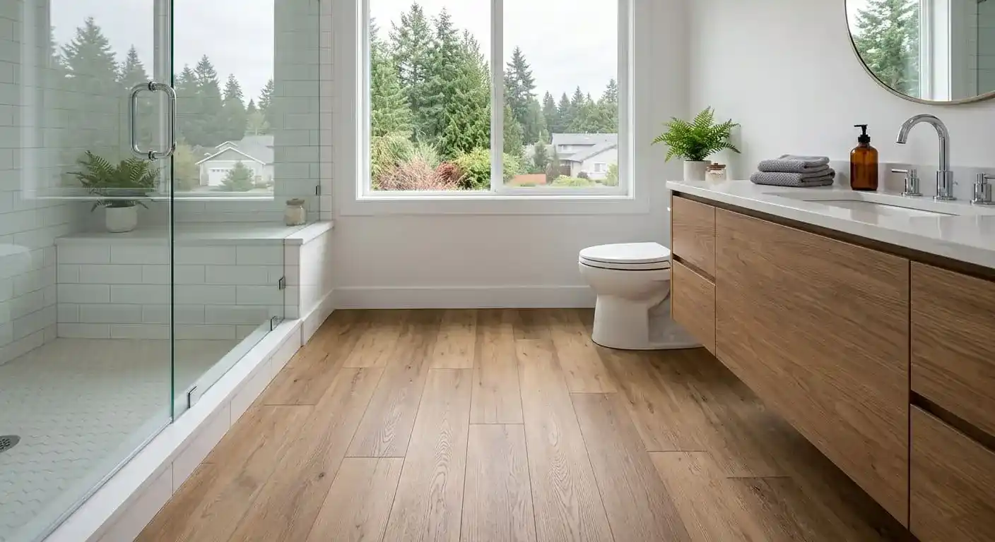 Modern bathroom in a Bellingham, WA home featuring professionally installed waterproof flooring and quality craftsmanship.