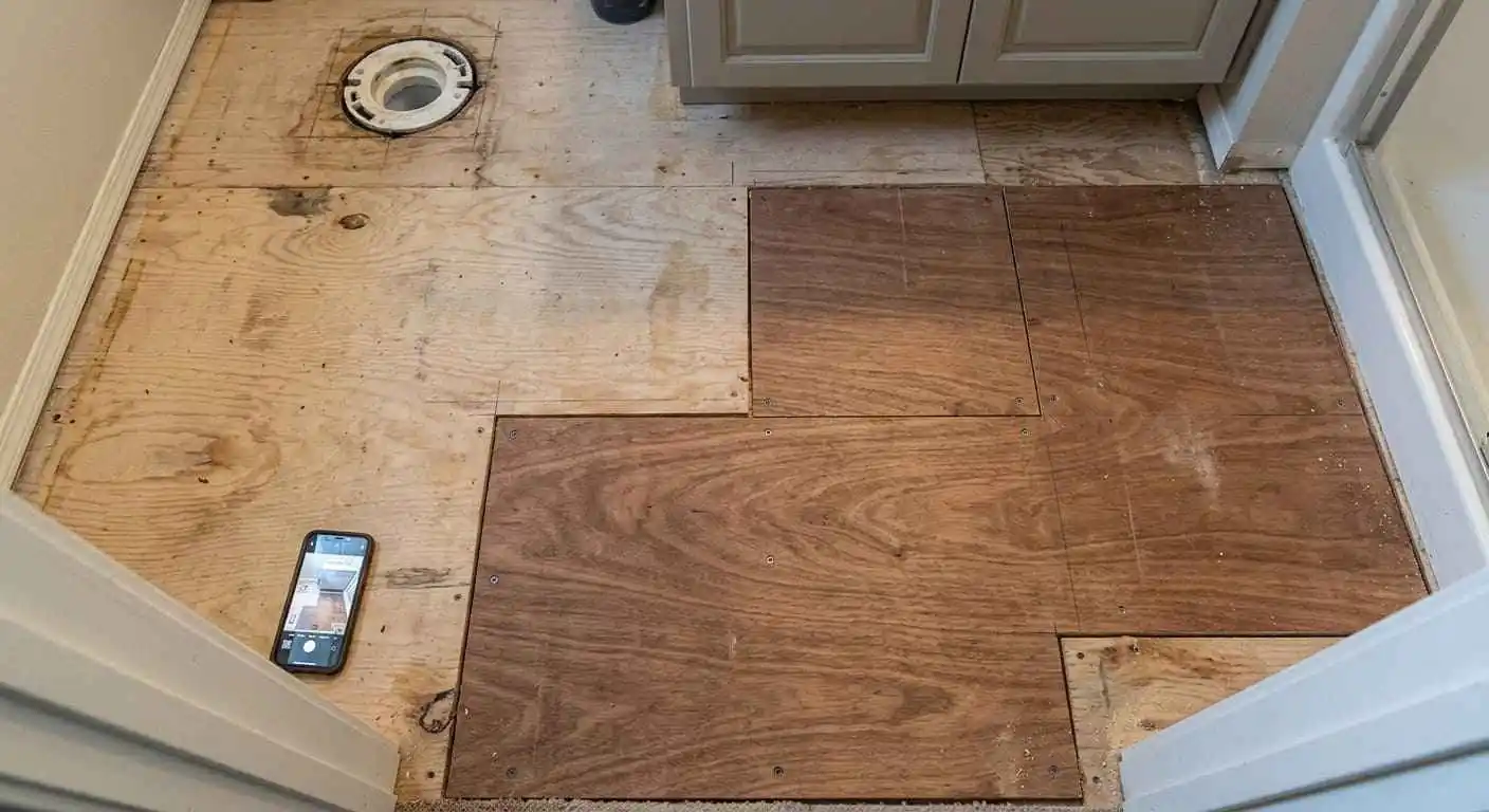 Bathroom subfloor repair and replacement in Bellingham WA showing damaged subfloor sections removed and new plywood panels installed before waterproof flooring installation