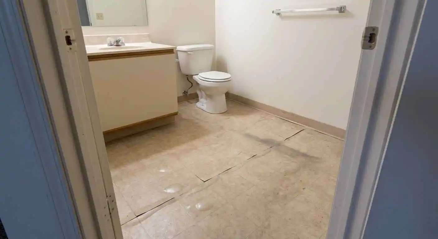 Birchwood rental bathroom before LVP flooring upgrade with lifting vinyl floor seams and worn surface