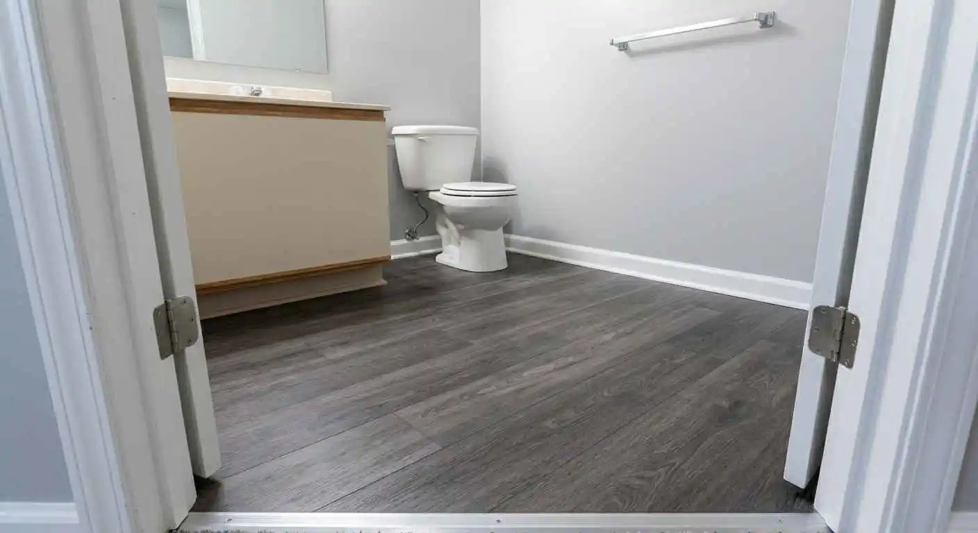Birchwood rental bathroom after LVP flooring upgrade with waterproof charcoal plank flooring and refreshed interior