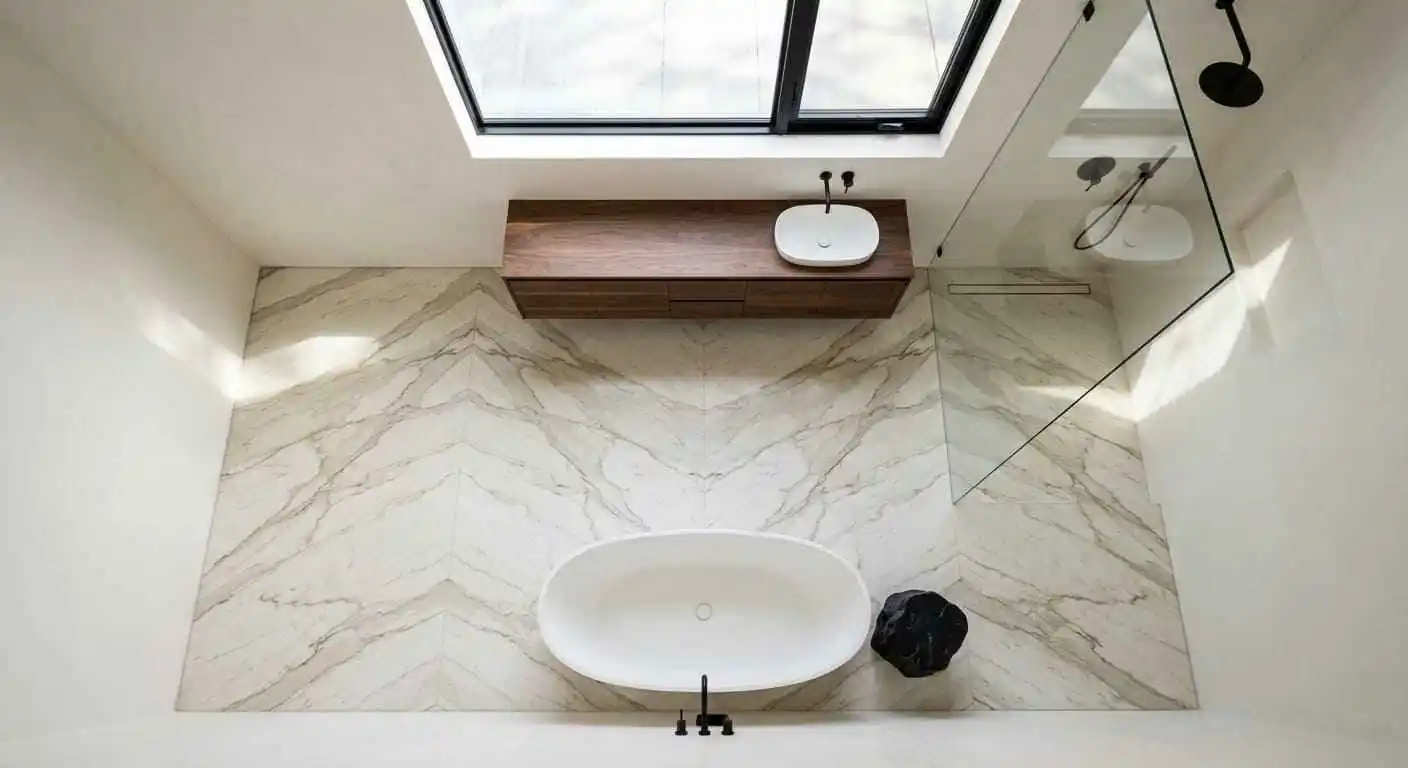 Bookmatched marble-look porcelain bathroom flooring with freestanding tub and curbless shower