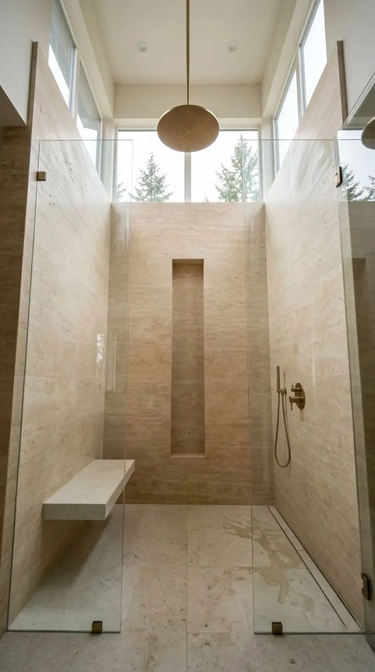 Bright minimalist walk-in shower with frameless glass enclosure, floating bench, large-format stone tile, and ceiling-mounted rainfall showerhead