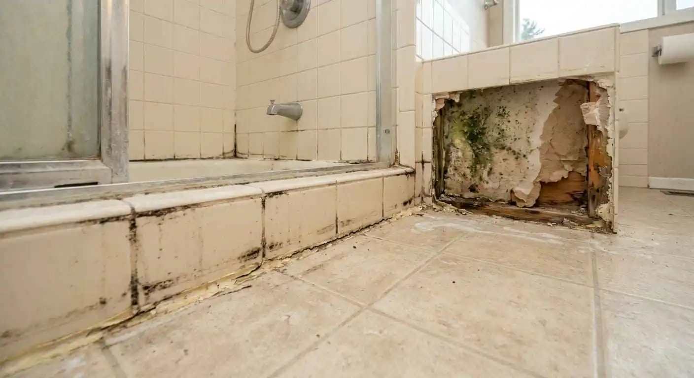 hidden mold damage behind shower wall and tile discovered during bathroom demolition in Columbia home