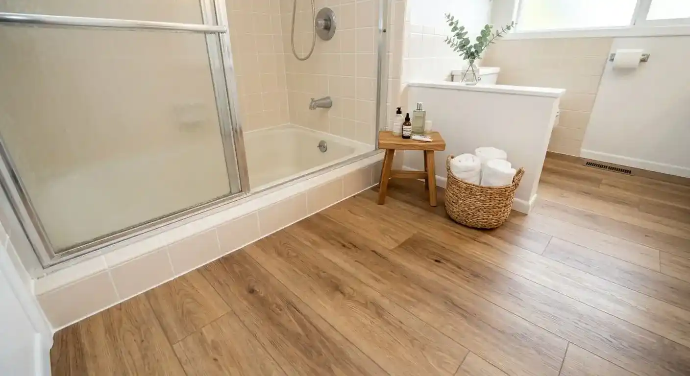 waterproof luxury vinyl plank flooring installed in remodeled Columbia bathroom after mold remediation