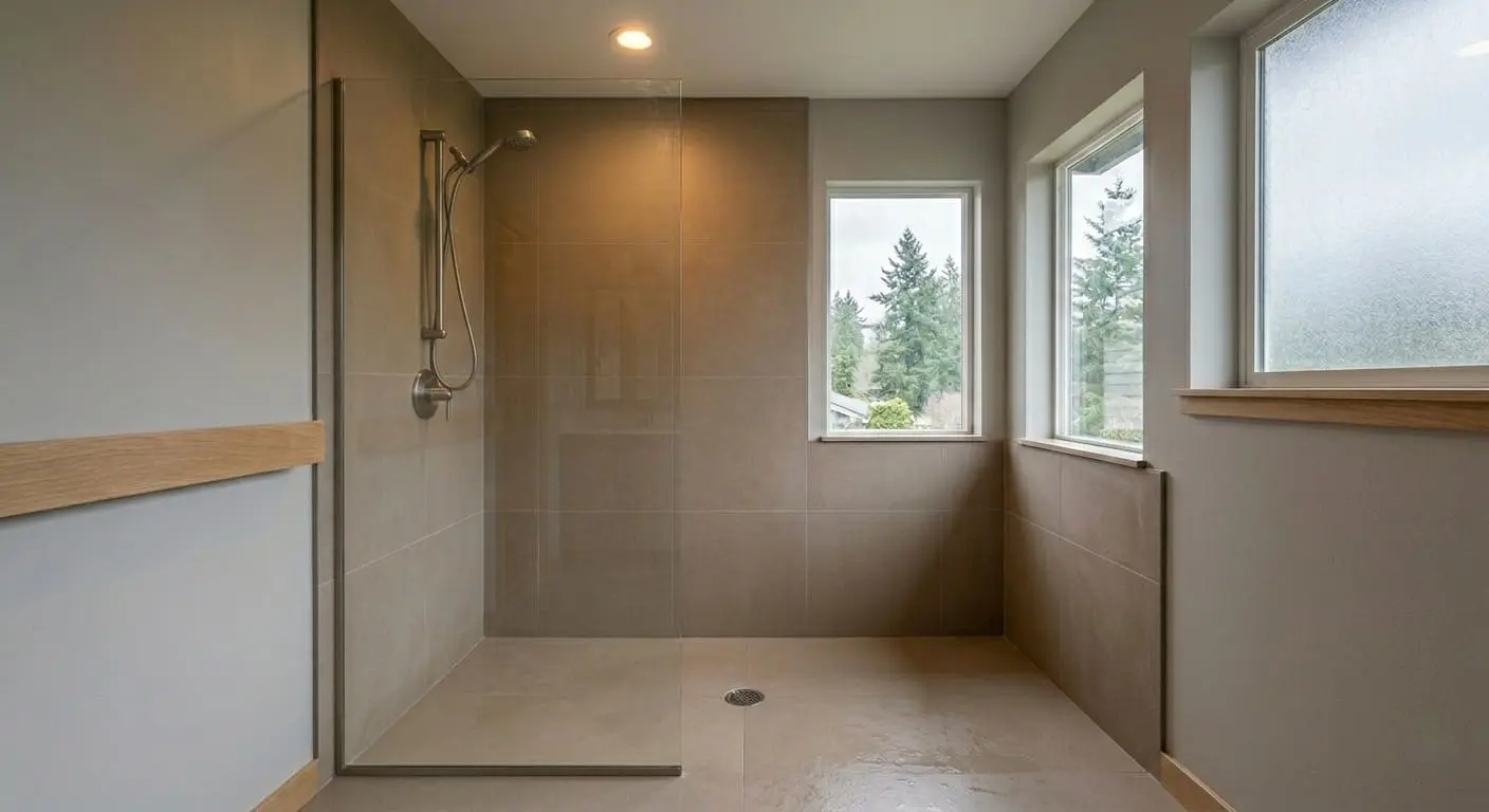 Curbless walk-in shower installed after a complete bathtub to shower conversion