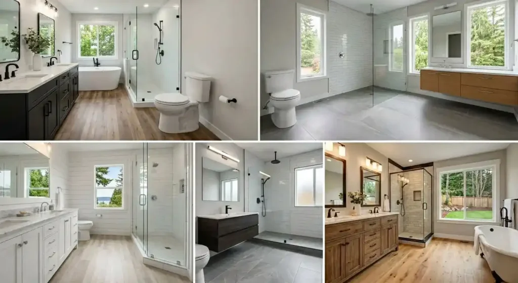 Five completed bathroom flooring projects in Bellingham, WA featuring waterproof flooring, custom showers, and modern bathroom remodels.