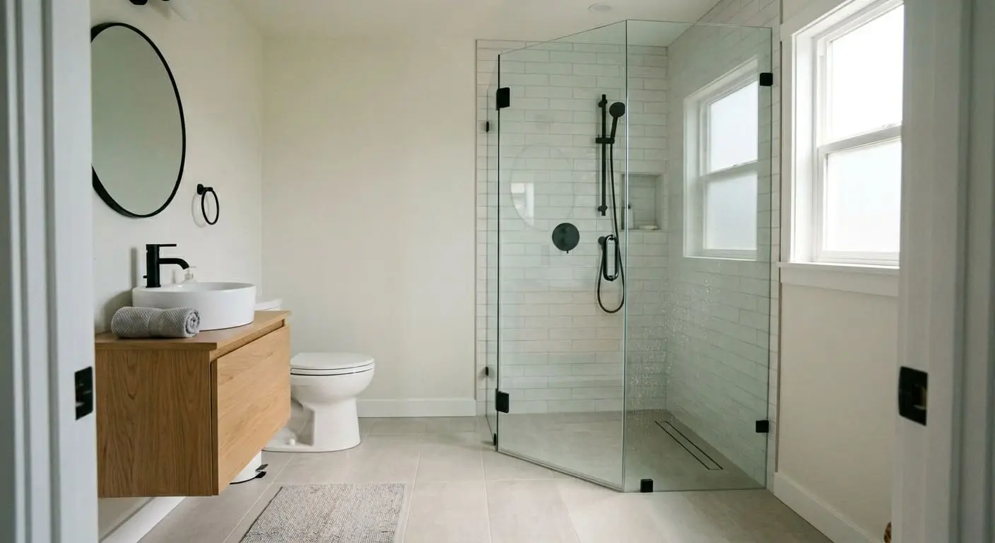 Corner walk-in shower installation in a small Bellingham bathroom with frameless glass enclosure, space-saving layout, and accessible shower design