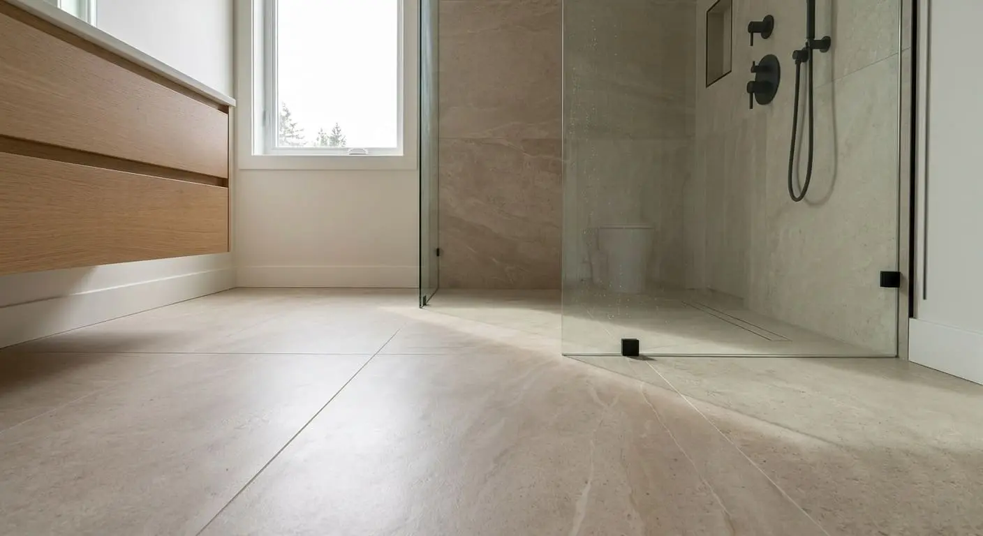 Curbless walk-in shower installation  featuring a barrier-free entry, linear drain, large-format porcelain tile flooring, and accessible bathroom design