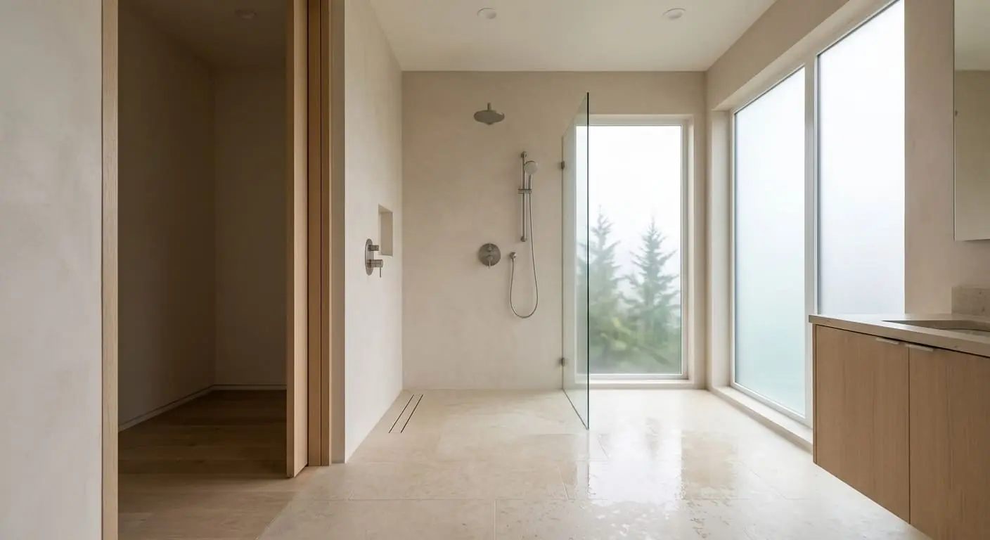 Curbless walk-in wet room shower with barrier-free entry and floor-level drainage