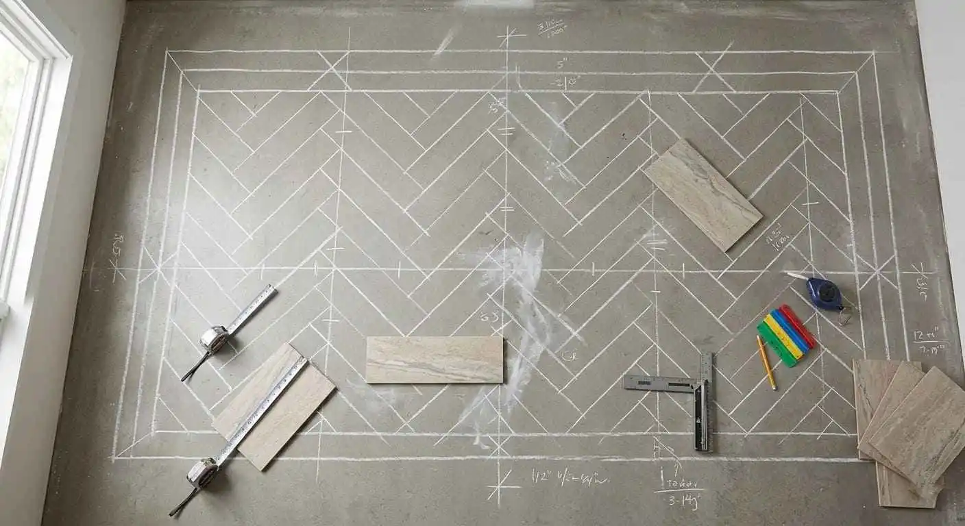 Custom bathroom floor pattern layout design in Bellingham WA showing chalk layout lines, tile placement planning, and herringbone floor pattern preparation before installation