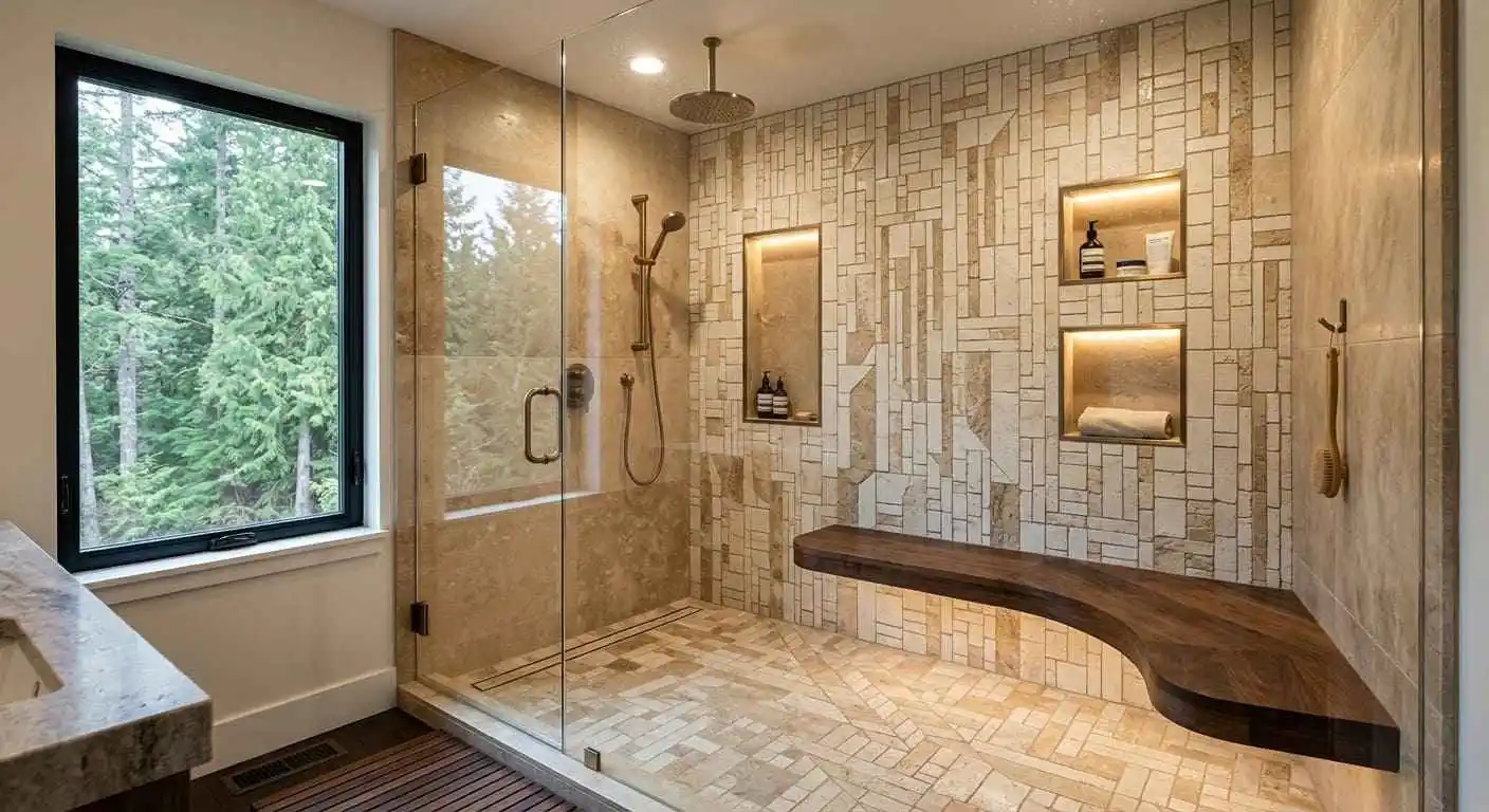 Custom shower design upgrade in Bellingham WA featuring decorative tile walls, built-in niches, floating bench, and frameless glass enclosure