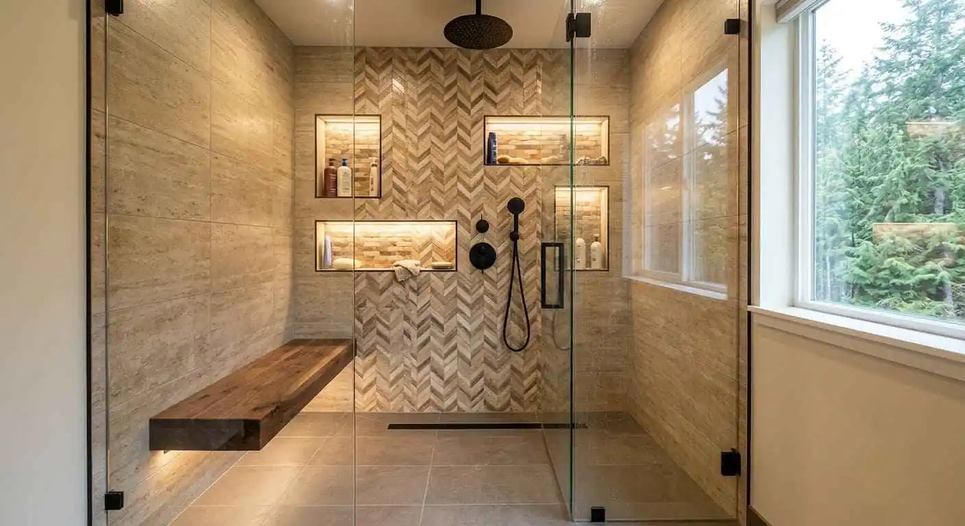 Custom shower remodeling with frameless glass enclosure, floating wood bench, recessed storage niches, and designer tile walls