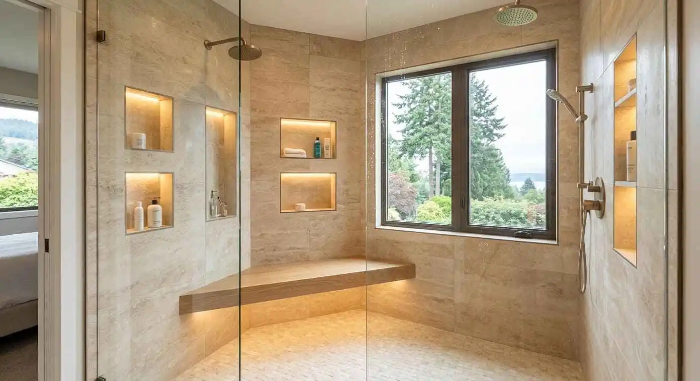 Custom shower remodeling project in South Hill Bellingham WA featuring built-in bench seating, recessed storage niches, and frameless glass enclosure