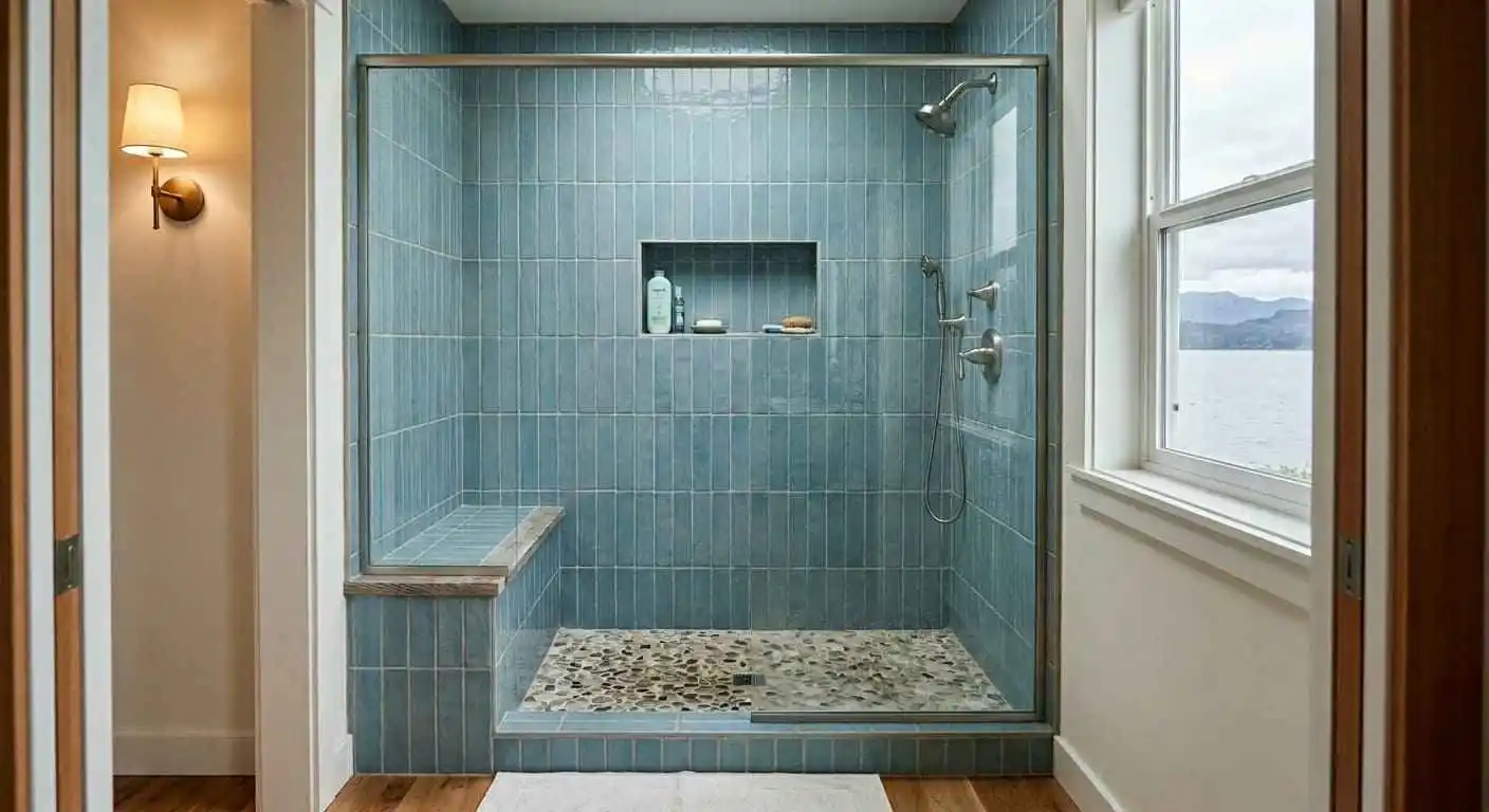 Custom tile shower remodeling project featuring blue vertical tile walls, built-in bench, recessed niche, and pebble shower floor