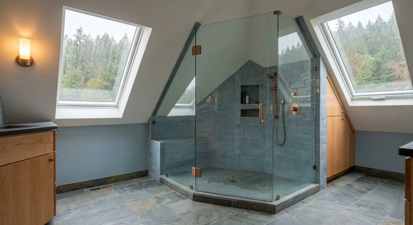 Custom shower installation with built-in bench, glass enclosure, and blue tile walls