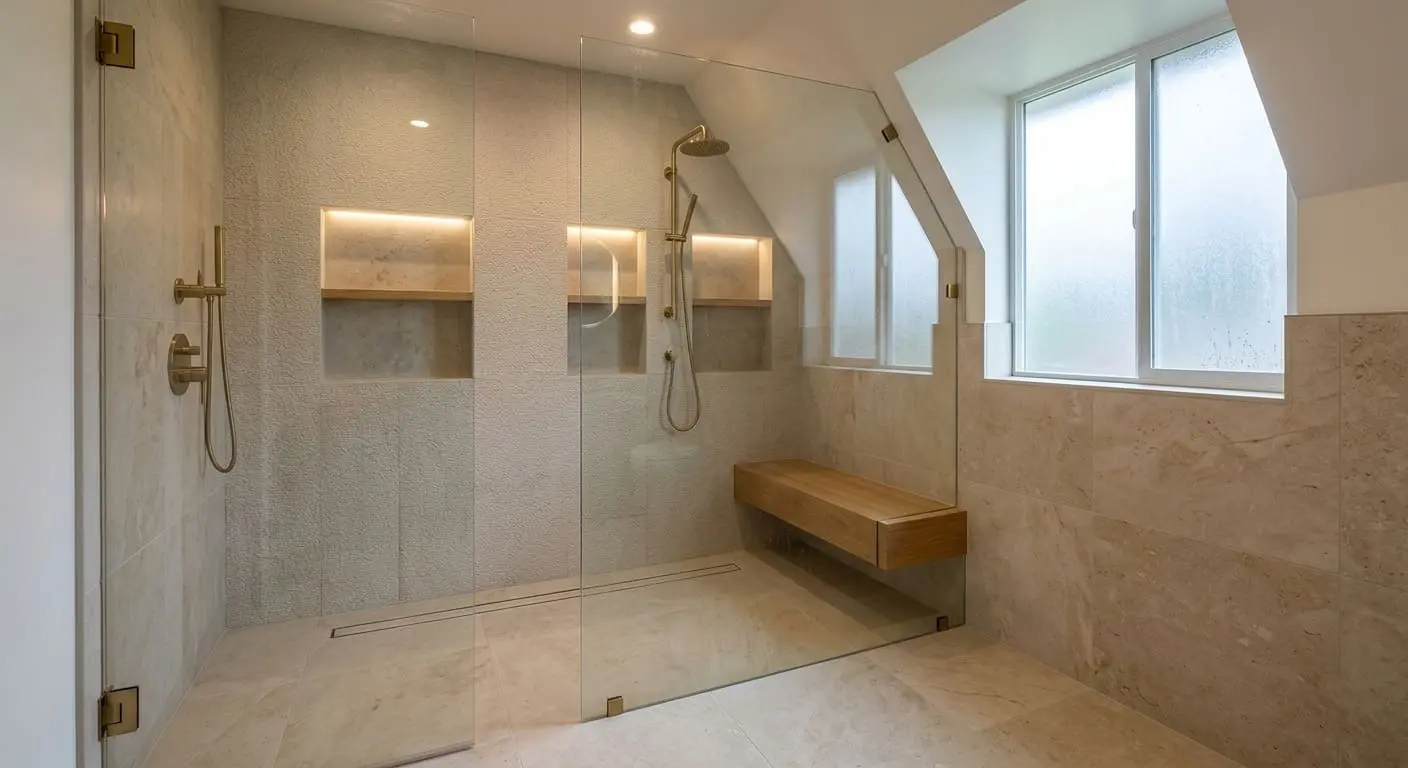 Custom walk-in shower installation in Bellingham WA featuring built-in shower bench, linear drain, frameless glass enclosure, and personalized tile design