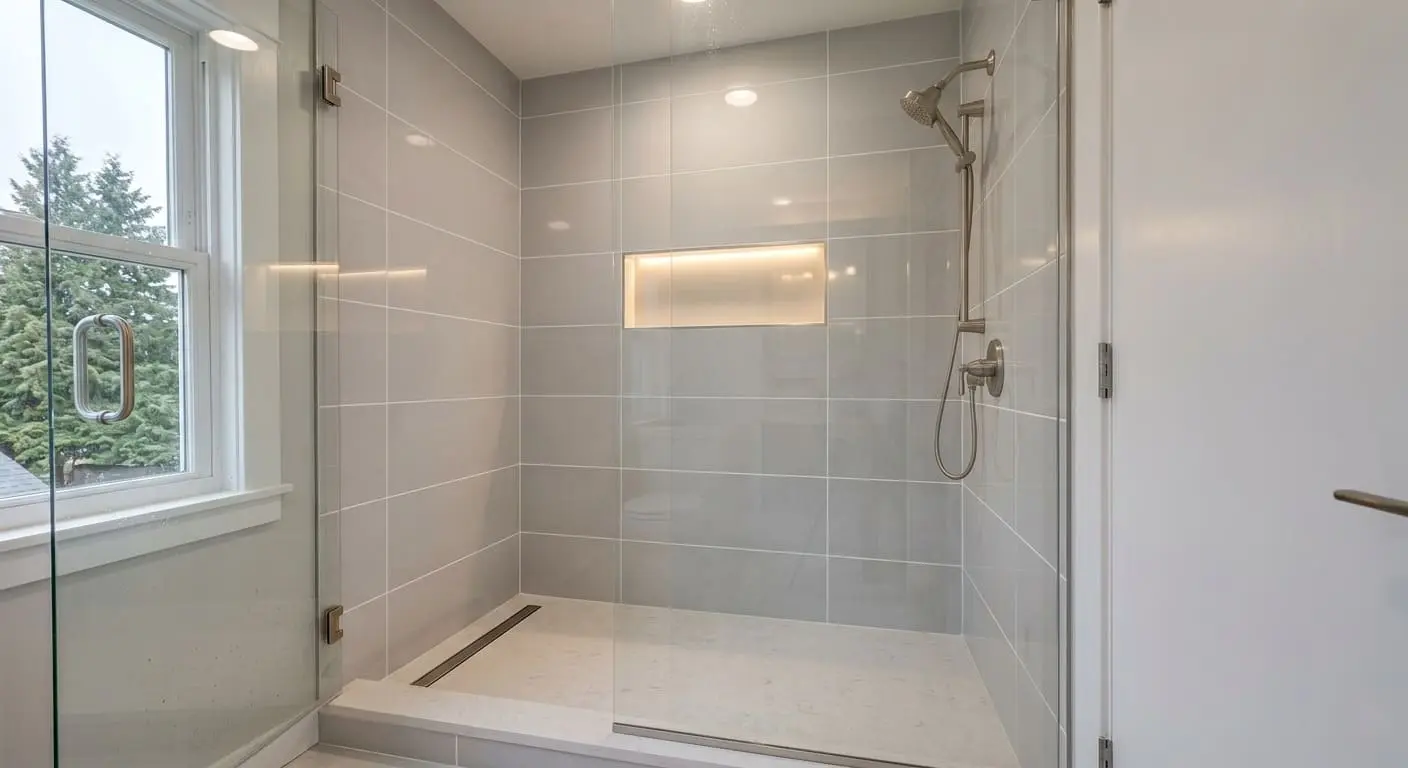 Fairhaven shower remodel in Bellingham WA featuring new waterproof shower system, large-format tiles, and frameless glass enclosure