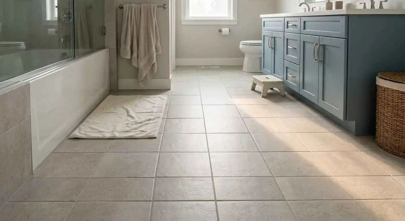 Light grey ceramic bathroom floor tile with bathtub shower combination and blue vanity in a Bellingham WA home