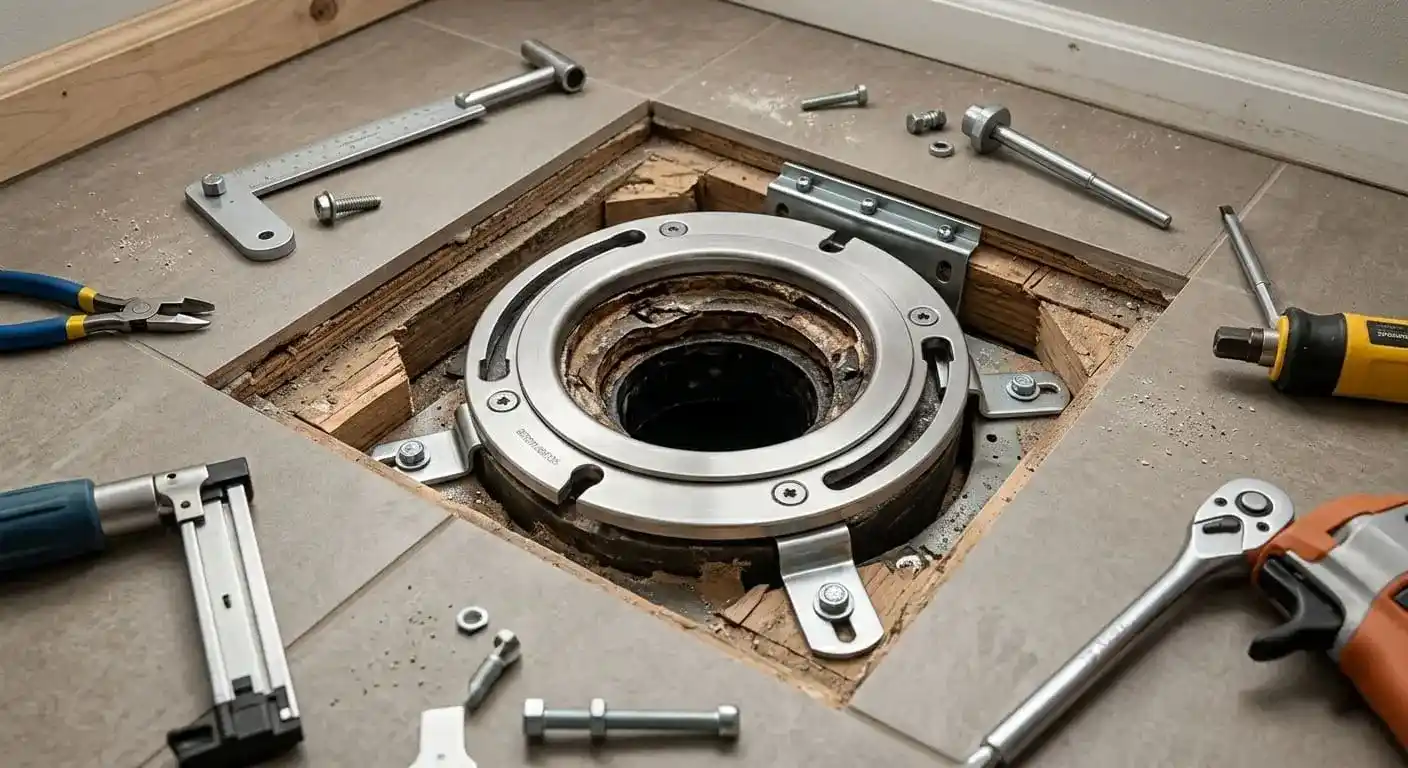 Flange repair and adjustment tools used to restore and secure a toilet floor flange during installation