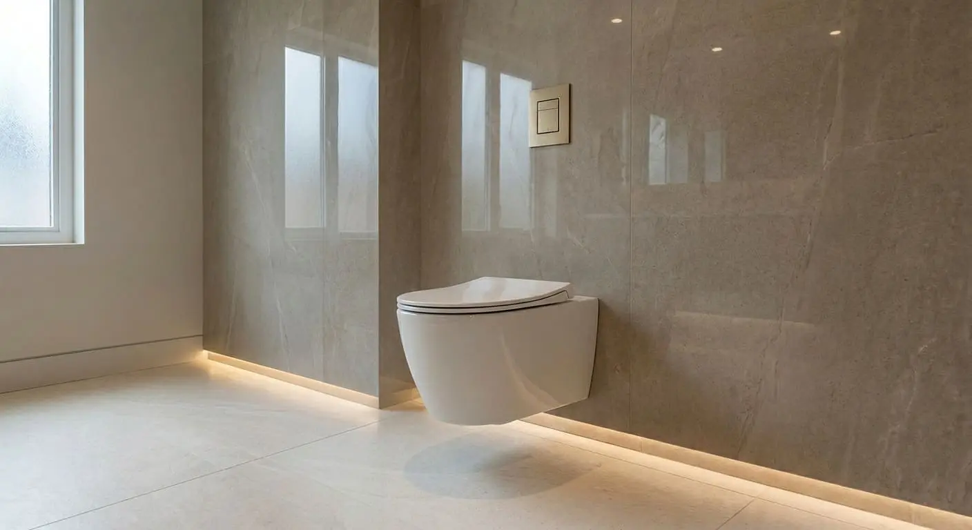 Floating wall-hung toilet replacement installed in a modern Bellingham bathroom with concealed plumbing and easy-clean design