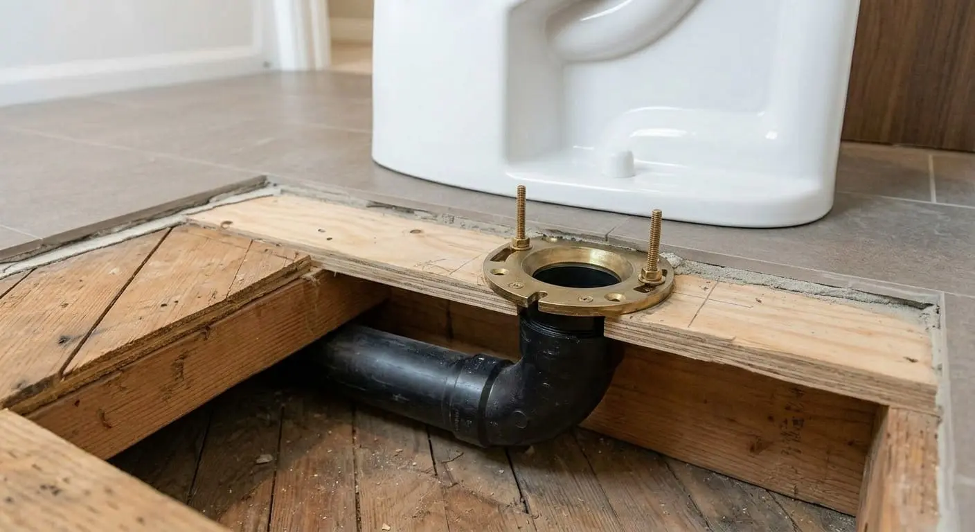 Toilet floor flange and drain connection system exposed during bathroom installation