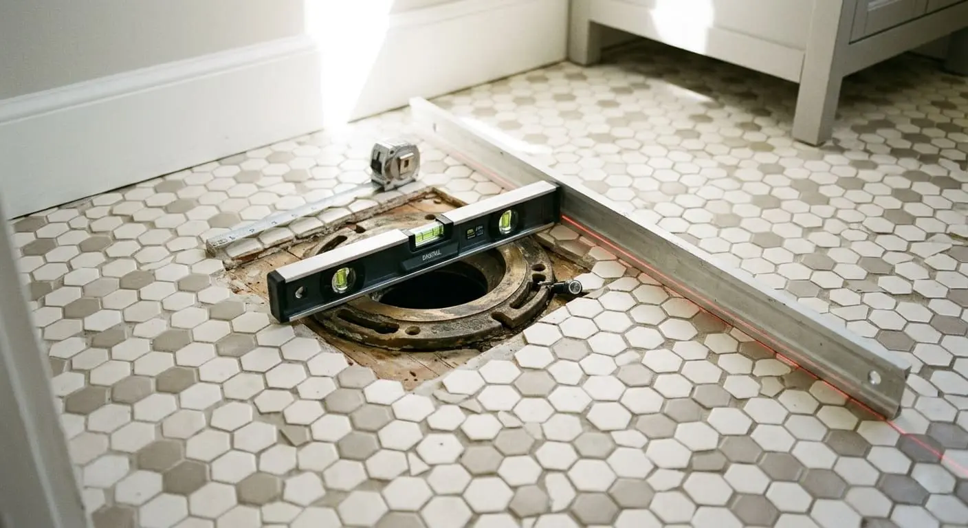 Floor flange inspection and level check before toilet installation