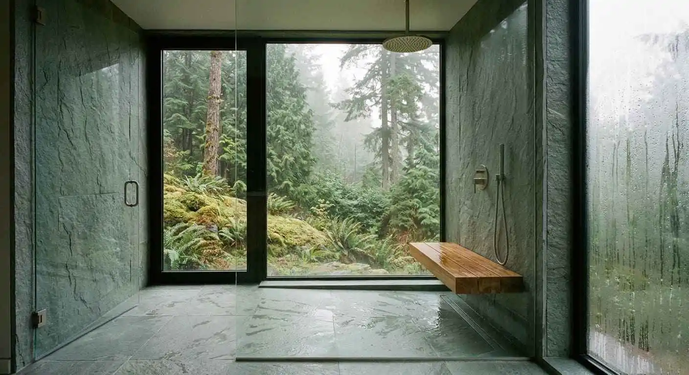 Luxury walk-in shower with floor-to-ceiling windows, forest views, frameless glass enclosure, and floating wood bench