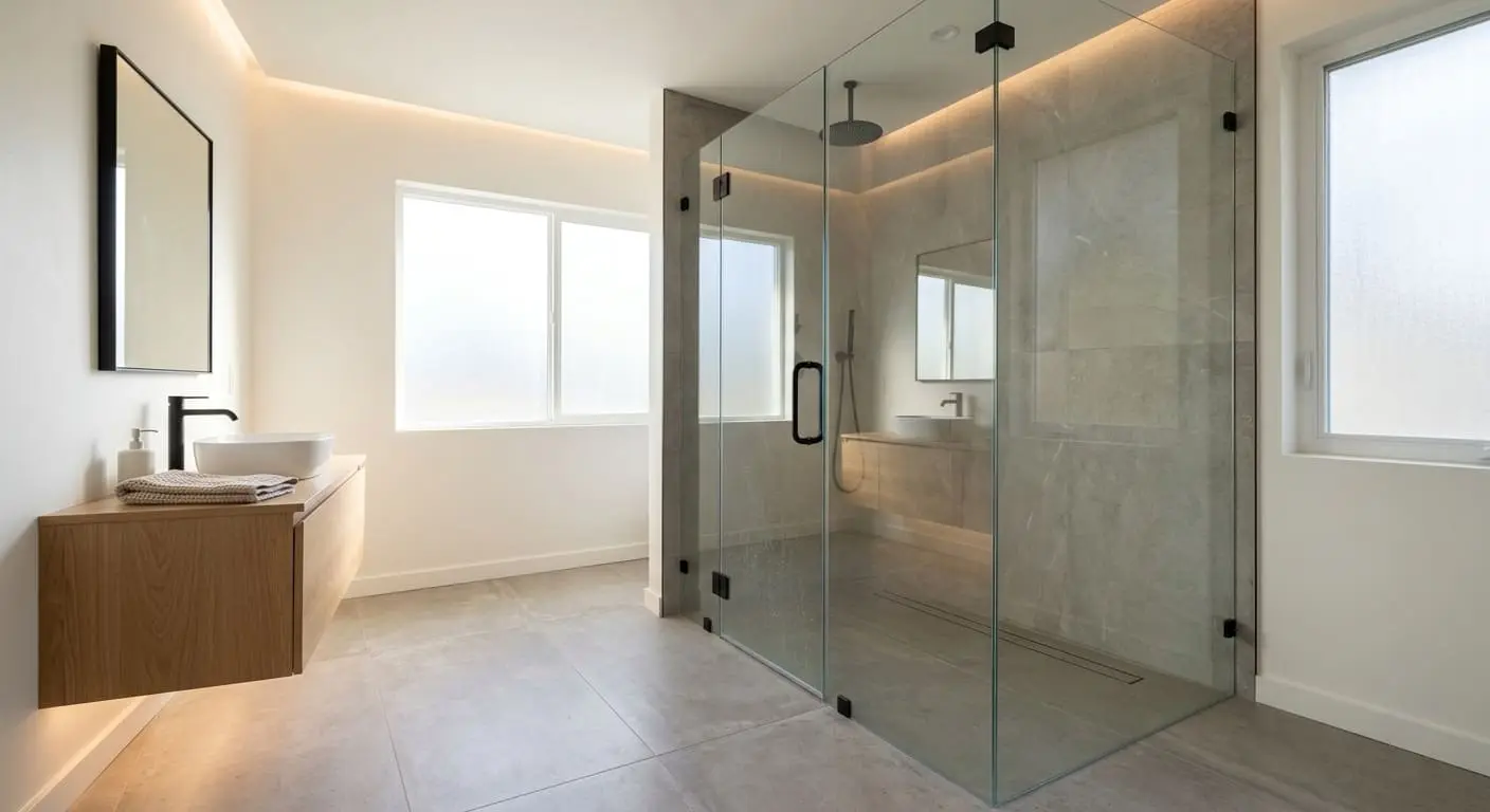 Frameless curbless walk-in shower installation in Bellingham WA featuring floor-level entry, frameless glass enclosure, linear drain, and large-format porcelain tile