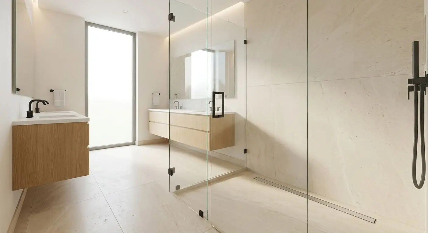 Frameless glass walk-in shower installation in Bellingham WA with curbless entry, large-format porcelain tile, and modern bathroom remodeling design