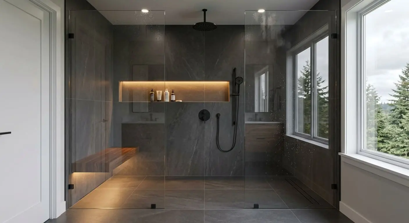 Full shower remodeling project in Bellingham WA featuring a modern walk-in shower with frameless glass enclosure, built-in bench, and recessed storage niche