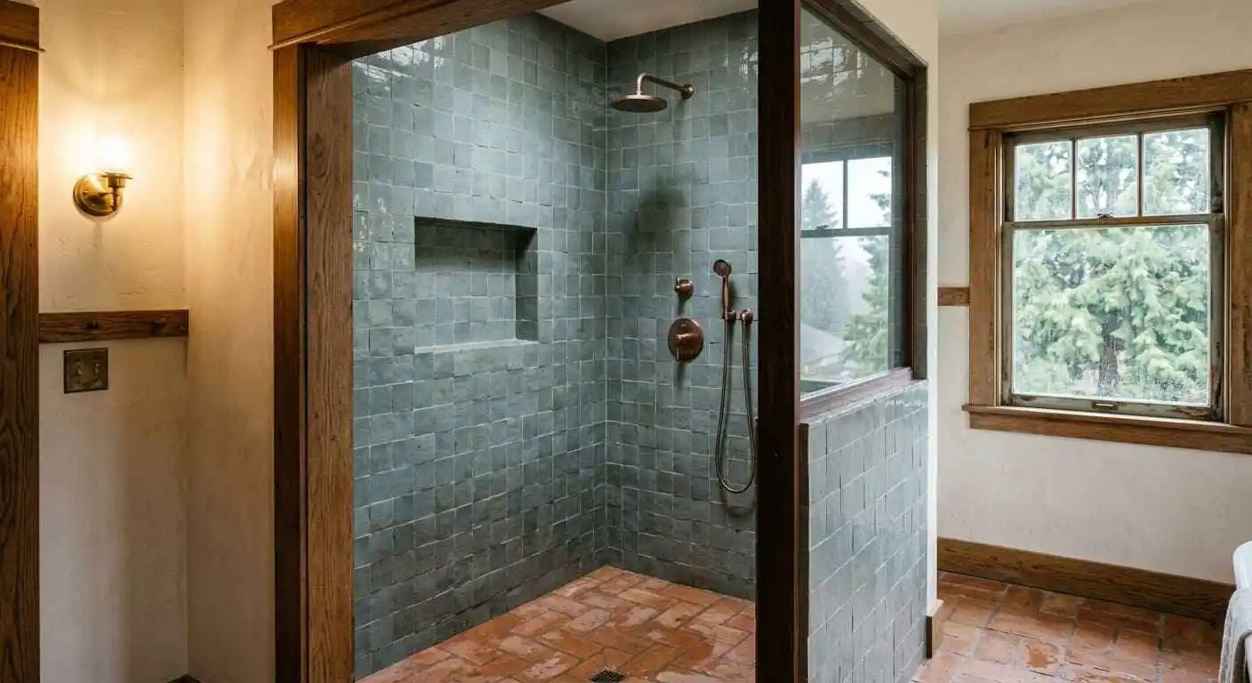Fully custom tiled shower conversion with handcrafted tile walls and built-in storage niche