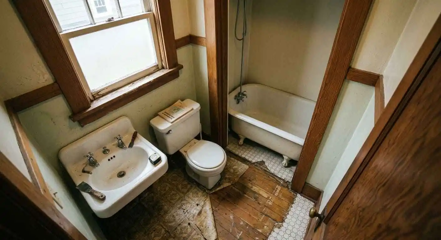 small historic Fairhaven bathroom before renovation with original fixtures and worn wood flooring
