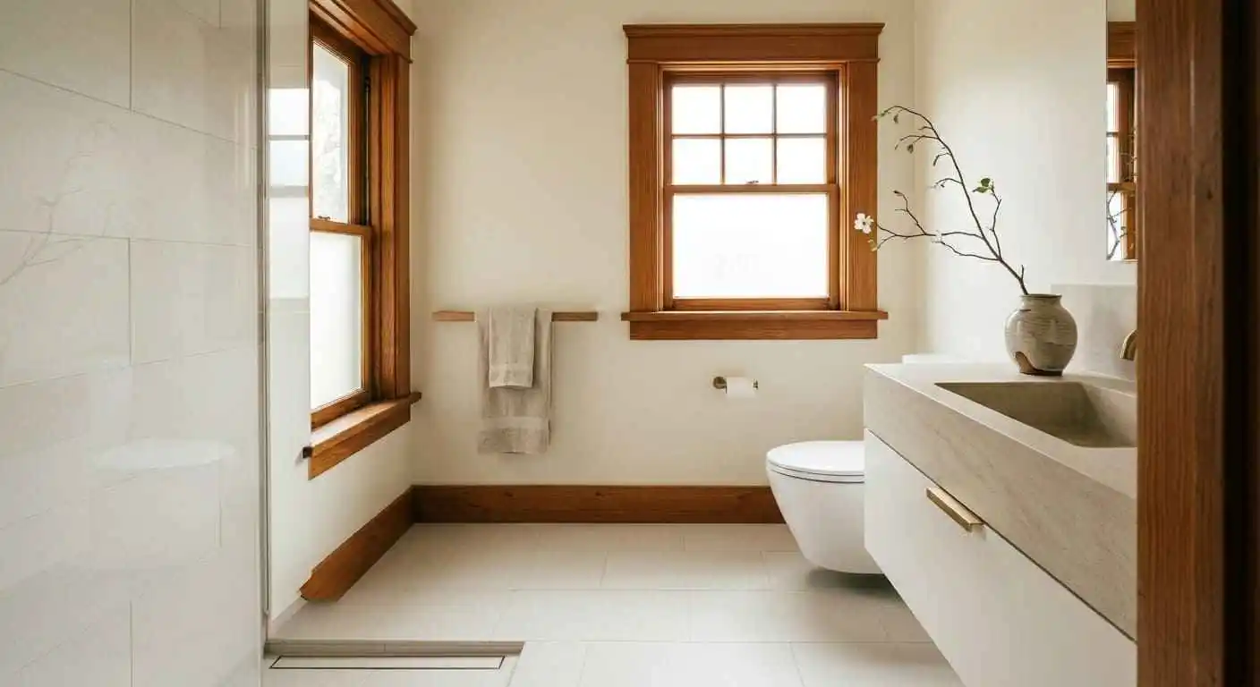 historic Fairhaven bathroom after renovation with curbless shower custom vanity and preserved wood trim