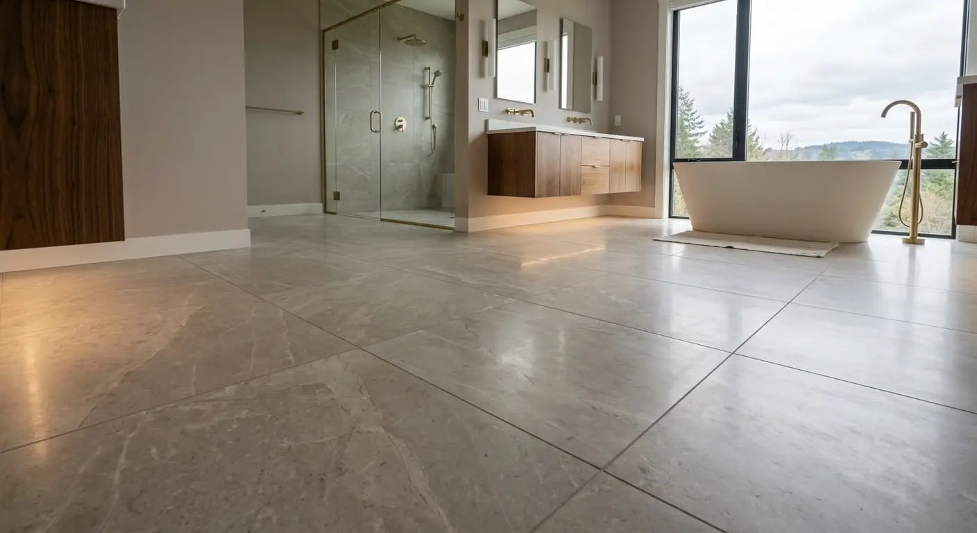 Large-format porcelain bathroom floor tile with freestanding bathtub and glass shower in a Bellingham WA home